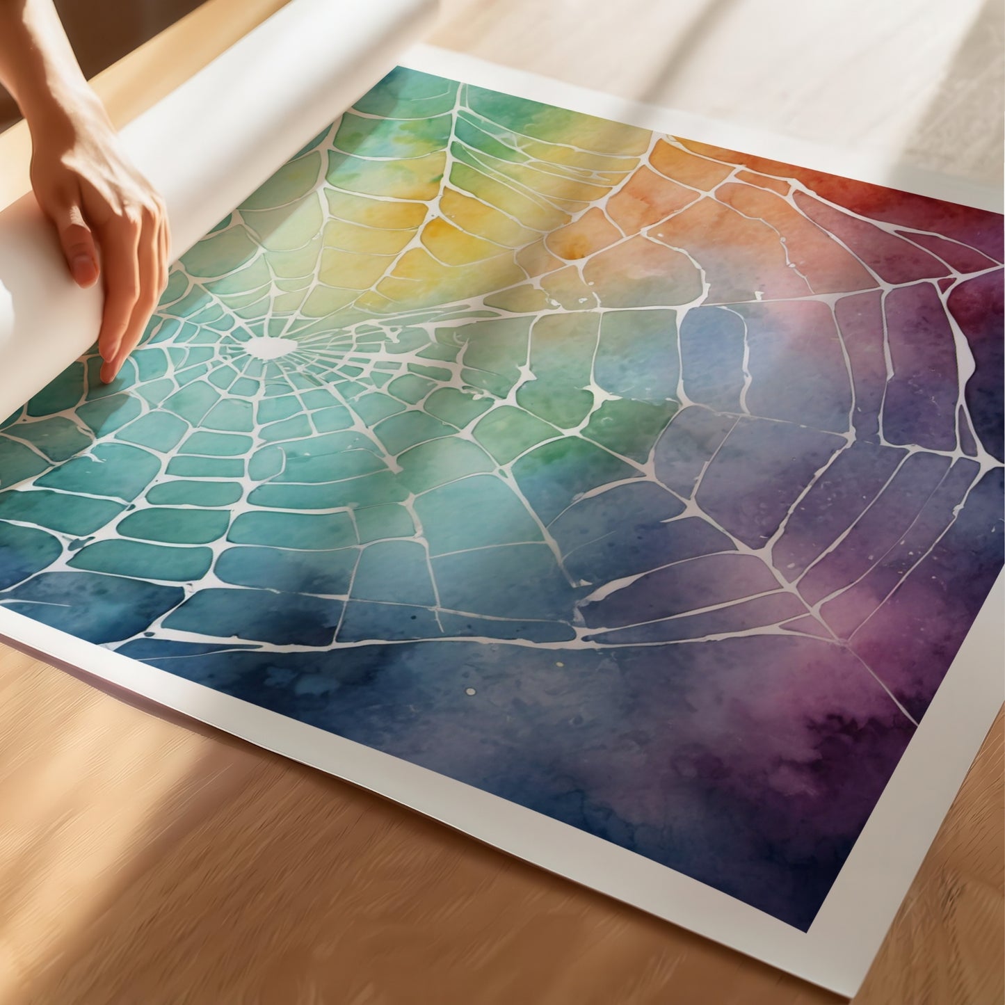 “Rainbow Web” bringer liv og lys til Halloween-serien med et edderkoppnett som glitrer mot en regnbue av blått, grønt, gult og lilla. llustrasjon viser plakat på print.