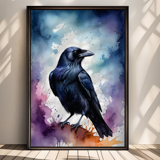 “Raven’s Gaze” portretterer ravnen – et symbol på visdom og mystikk – i mørke fiolette og blå fargetoner. Illustrasjon viser plakat uten hvit kant i soret ramme.