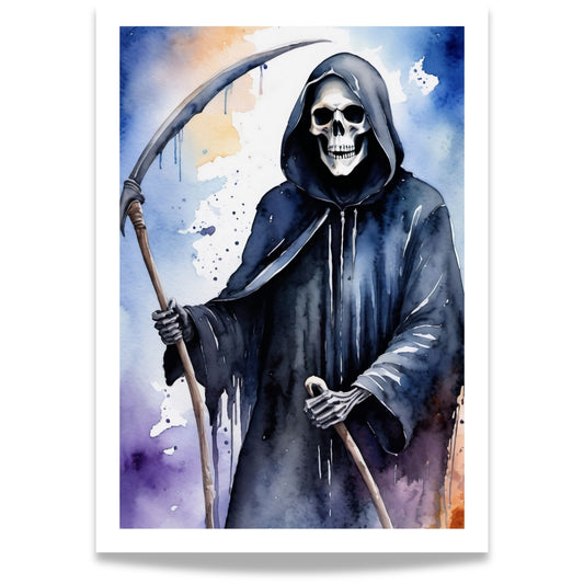 “Reaper’s Call” viser Døden selv – den ikoniske skikkelsen med ljå, fremstilt i en moderne akvarellstil med fiolette og oransje nyanser.