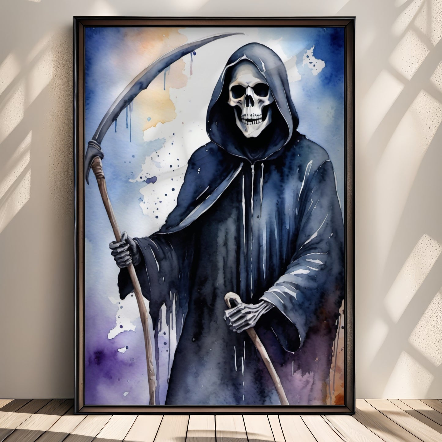 “Reaper’s Call” viser Døden selv – den ikoniske skikkelsen med ljå, fremstilt i en moderne akvarellstil med fiolette og oransje nyanser. Illustrasjon viser plakat uten hvit kant i sort ramme.