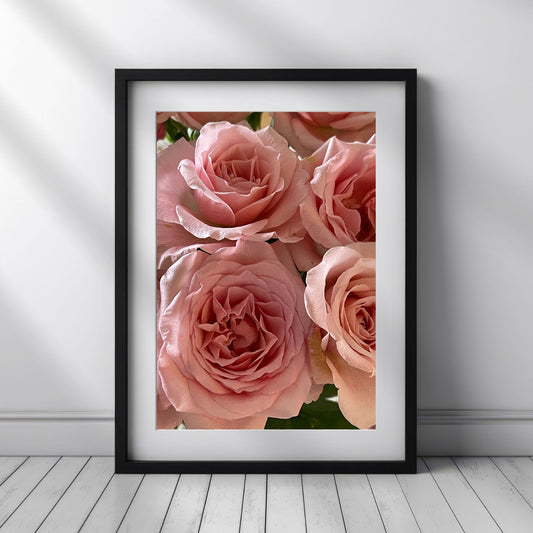 Forvandle ethvert rom med elegansen fra denne vakre plakaten eller lerretet som viser en nydelig rosa rosebuket. Illustrasjonsfoto viser motivet som plakat i svart ramme.