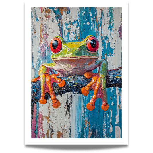 Gi hjemmet ditt et tropisk løft med den unike plakaten av en Red-Eyed Tree Frog – en fargerik og detaljrik illustrasjon som garantert fanger blikket!