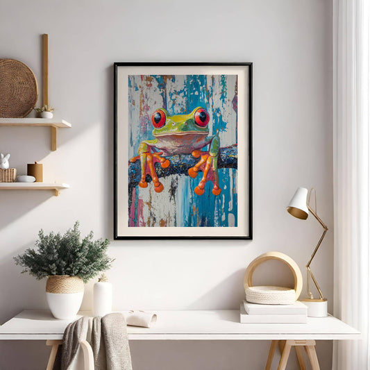 Gi hjemmet ditt et tropisk løft med den unike plakaten av en Red-Eyed Tree Frog – en fargerik og detaljrik illustrasjon som garantert fanger blikket! Illustrasjonen viser plakaten med hvit kant i ramme.