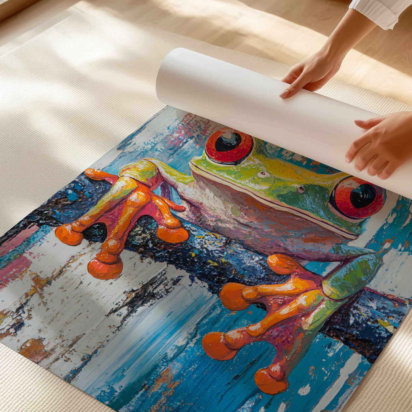 Gi hjemmet ditt et tropisk løft med den unike plakaten av en Red-Eyed Tree Frog – en fargerik og detaljrik illustrasjon som garantert fanger blikket! Illustrasjonen viser plakaten på print.