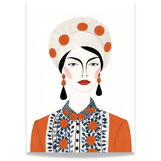 Denne eksklusive plakaten presenterer en elegant kvinne med en iøynefallende hodepryd, dristige kontraster og delikate mønstre i dype oransje og blåtoner.