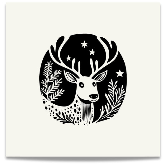 Denne plakaten er preget av et elegant motiv med reinsdyr i skandinavisk design, som fremhever vinterens ro og naturens skjønnhet.