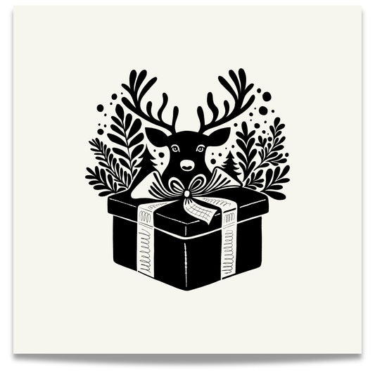 Denne plakaten er preget av et elegant motiv med reinsdyr i skandinavisk design, som fremhever vinterens ro og naturens skjønnhet.