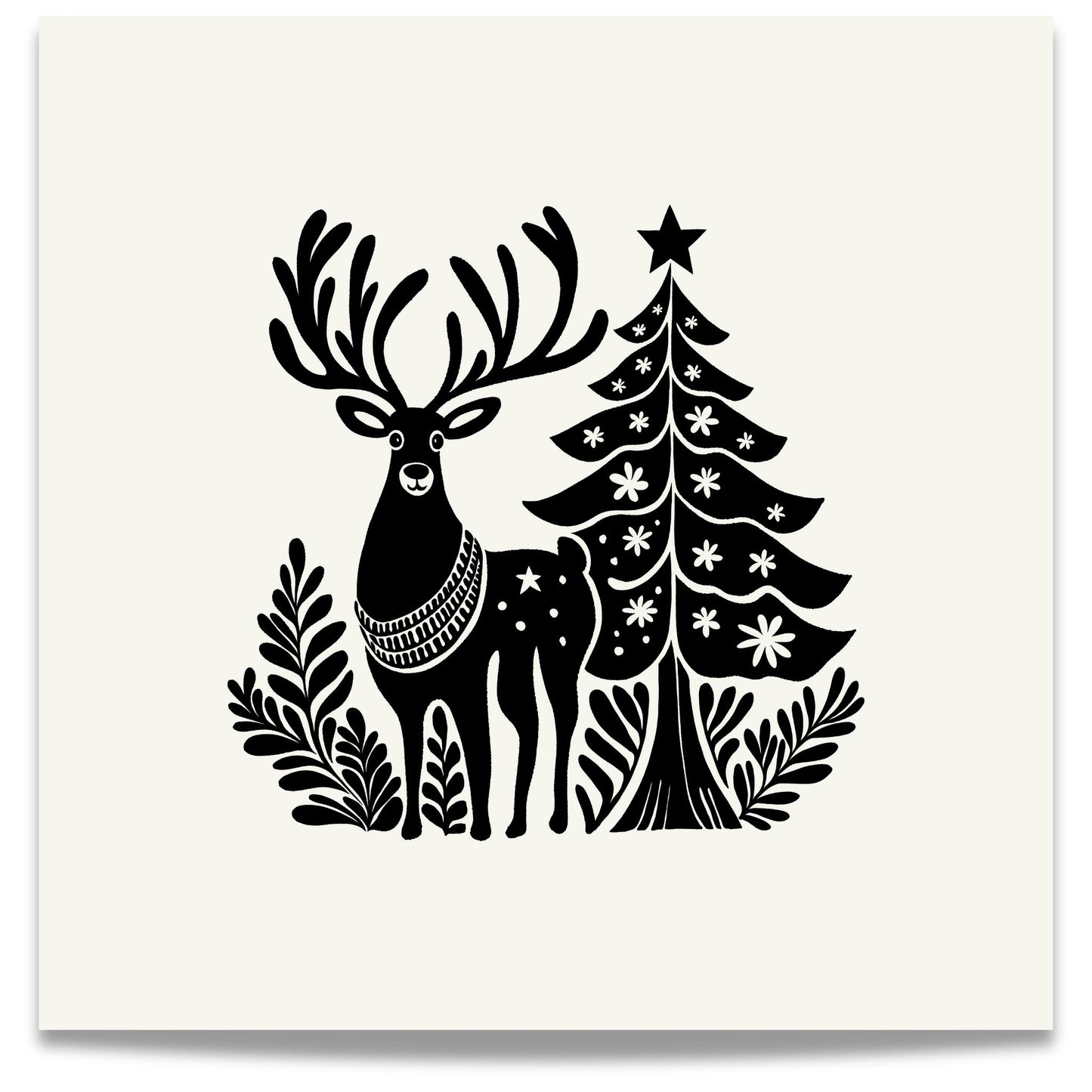 Denne plakaten er preget av et elegant motiv med reinsdyr i skandinavisk design, som fremhever vinterens ro og naturens skjønnhet.