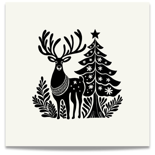 Denne plakaten er preget av et elegant motiv med reinsdyr i skandinavisk design, som fremhever vinterens ro og naturens skjønnhet.