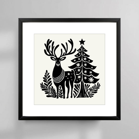 Denne plakaten er preget av et elegant motiv med reinsdyr i skandinavisk design, som fremhever vinterens ro og naturens skjønnhet. Illustrasjonsfoto viser plakat i sort ramme.