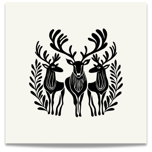 Denne plakaten er preget av et elegant motiv med reinsdyr i skandinavisk design, som fremhever vinterens ro og naturens skjønnhet.