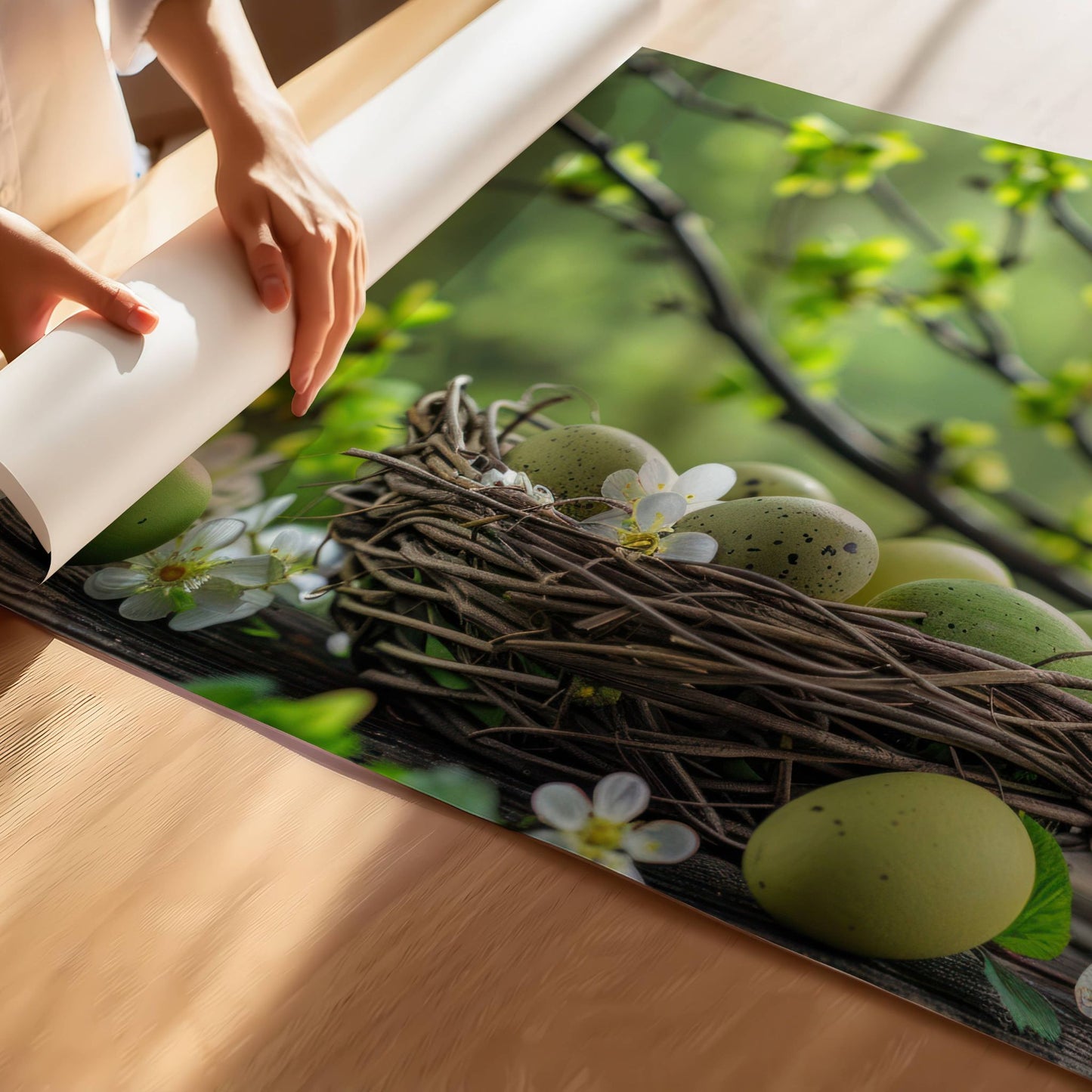 Grafisk illustrasjon som fanger øyeblikket av påskeglede med sine spirer av kvister og et koselig reir fylt med de vakreste egg. Illustrasjonen viser plakat uten hvit kant på print.