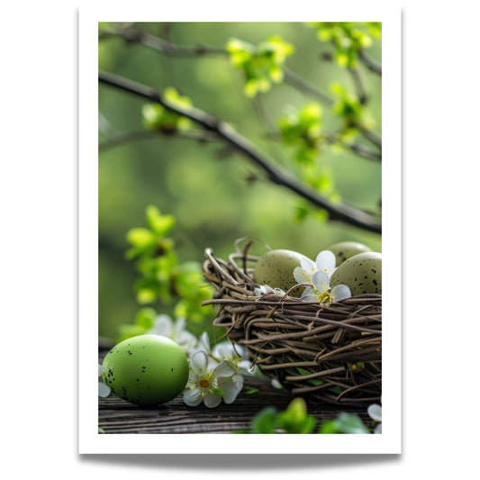 Grafisk illustrasjon som fanger øyeblikket av påskeglede med sine spirer av kvister og et koselig reir fylt med de vakreste egg.