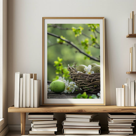 Grafisk illustrasjon som fanger øyeblikket av påskeglede med sine spirer av kvister og et koselig reir fylt med de vakreste egg. Illustrasjon viser plakat med hvit kant  eik ramme.