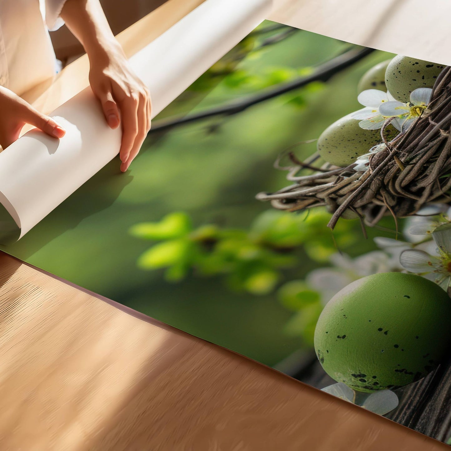 Grafisk illustrasjon som fanger øyeblikket av påskeglede med sine spirer av kvister og et koselig reir fylt med de vakreste egg. Illustrasjon viser plakat uten hvit kant på print.