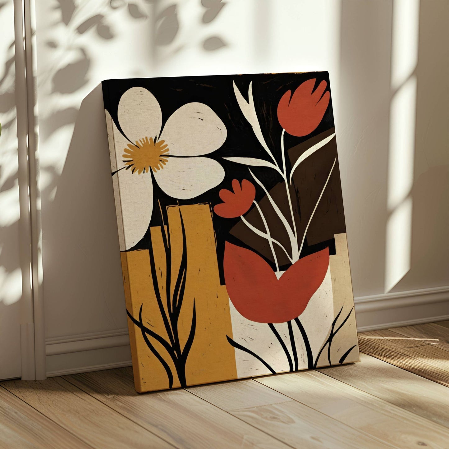 Retro Bloom – et kunstverk som kombinerer dristige blomsterformer, varme jordtoner og en retro-inspirert komposisjon. Illustrasjon viser motivet på lerret.