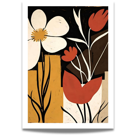 Retro Bloom – et kunstverk som kombinerer dristige blomsterformer, varme jordtoner og en retro-inspirert komposisjon.