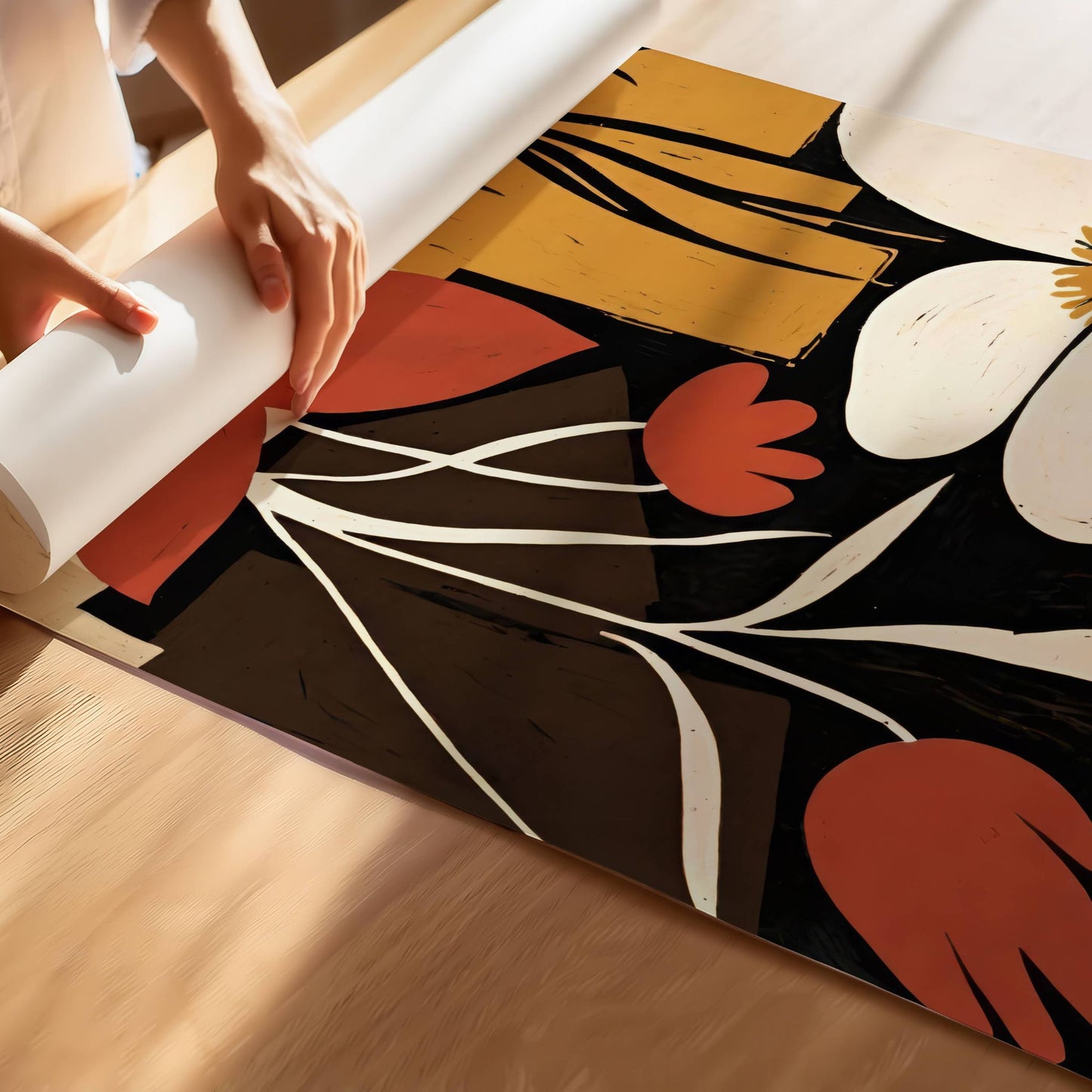 Retro Bloom – et kunstverk som kombinerer dristige blomsterformer, varme jordtoner og en retro-inspirert komposisjon. Illustrasjon viser motivet på print.