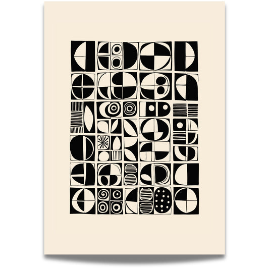 Retro Forms er en moderne hyllest til mid-century design, med et mønster av halvsirkler, striper og sirkler i svart og kremfarget palett. Illustrasjon viser motiv med bred kant.