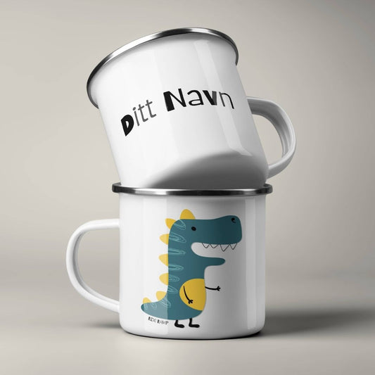 Emaljekrus stablet, med personlig navn på ene siden og dinosaurmotiv på andre siden