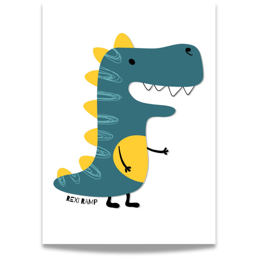 Rampete T-rex med gule detaljer på lys bakgrunn.