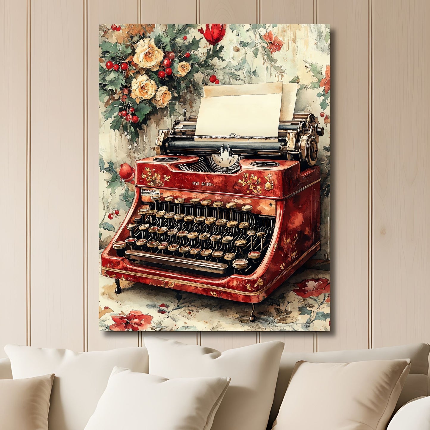 Antikk skrivemaskin i dype røde toner med delikate blomsterdetaljer og et hint av vintergrønt. Illustrasjon viser motivet på lerret.