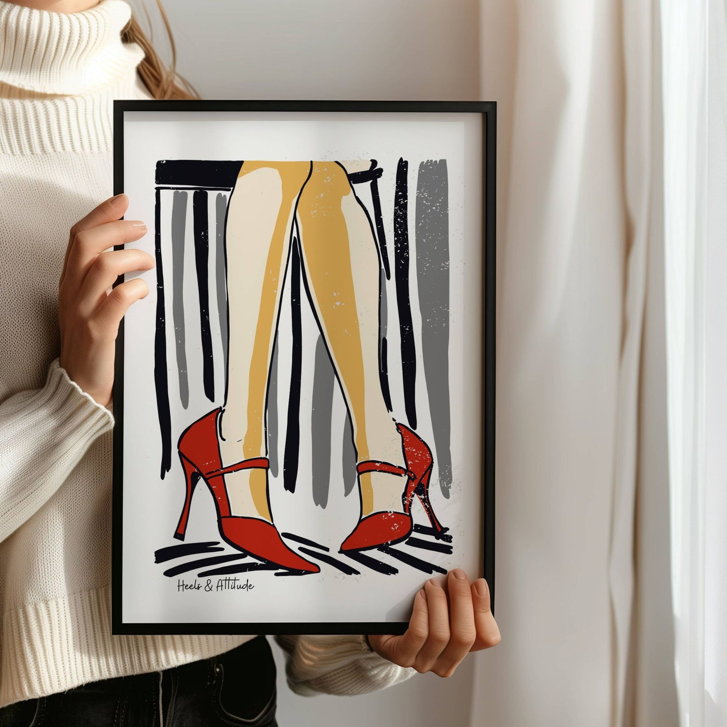 Gi hjemmet ditt en dose selvtillit med "Røde stiletter med attitude" – en kunstplakat som fanger eleganse i bevegelse. Illustrasjon viser plakat i sort ramme.