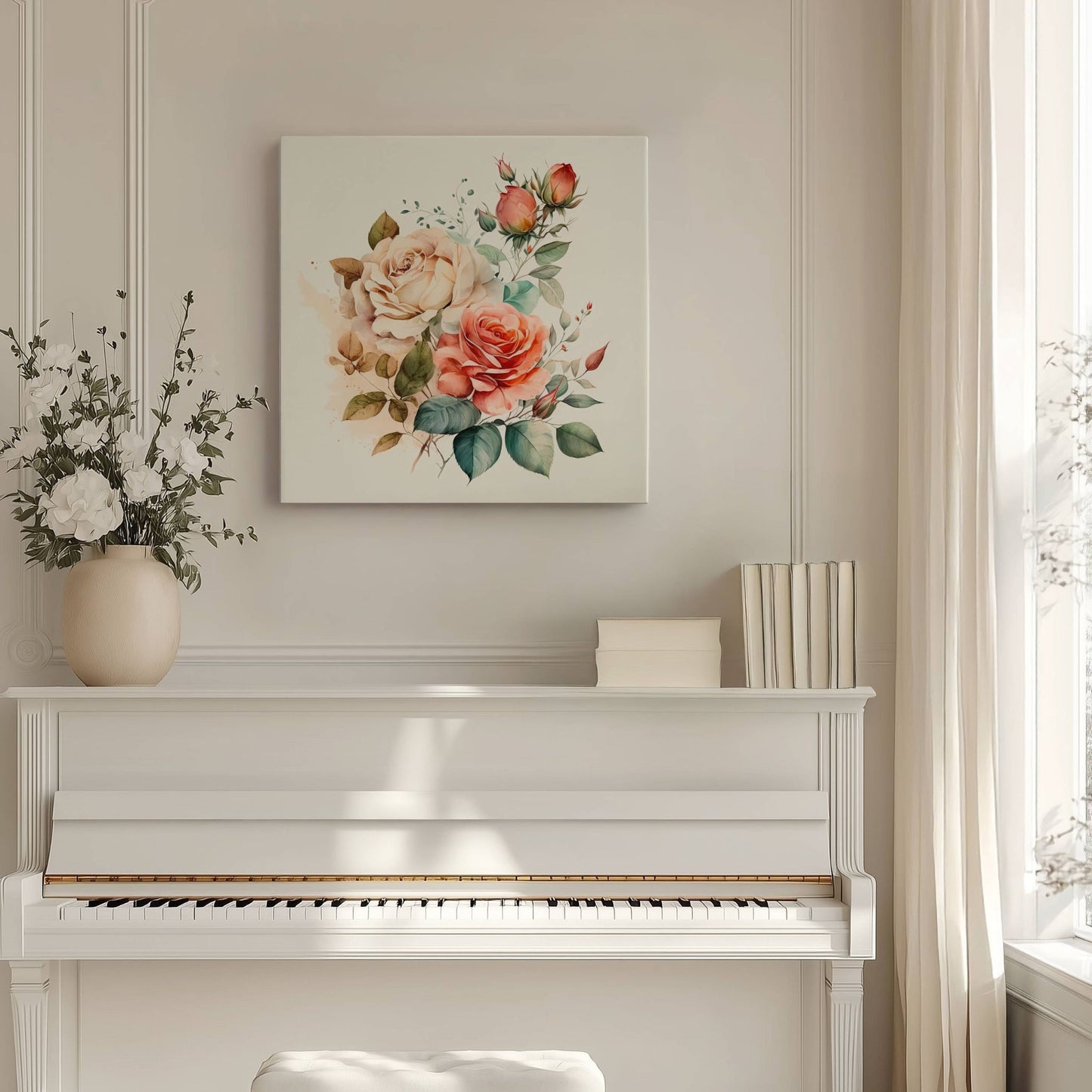 ROMANTIC ROSE No1 – lerret i akvarell med duse roser kombinerer varme rosatoner med myke grønn- og beige nyanser i et delikat blomsteroppsett.