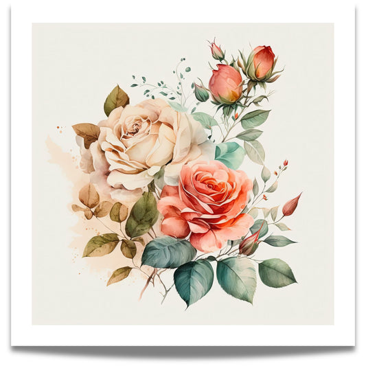 ROMANTIC ROSE No1 – plakat eller lerret i akvarell med duse roser kombinerer varme rosatoner med myke grønn- og beige nyanser i et delikat blomsteroppsett.