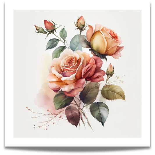 ROMANTIC ROSE No2 – akvarell plakat eller lerret med gyllen roseprakt byr på rike, varme toner og naturlige detaljer som skaper et levende og elegant uttrykk.
