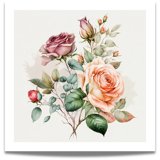 ROMANTIC ROSE No3 – akvarell plakat eller lerret med lilla roser skiller seg ut med et sart og nostalgisk fargevalg i lavendel og dempede grønntoner