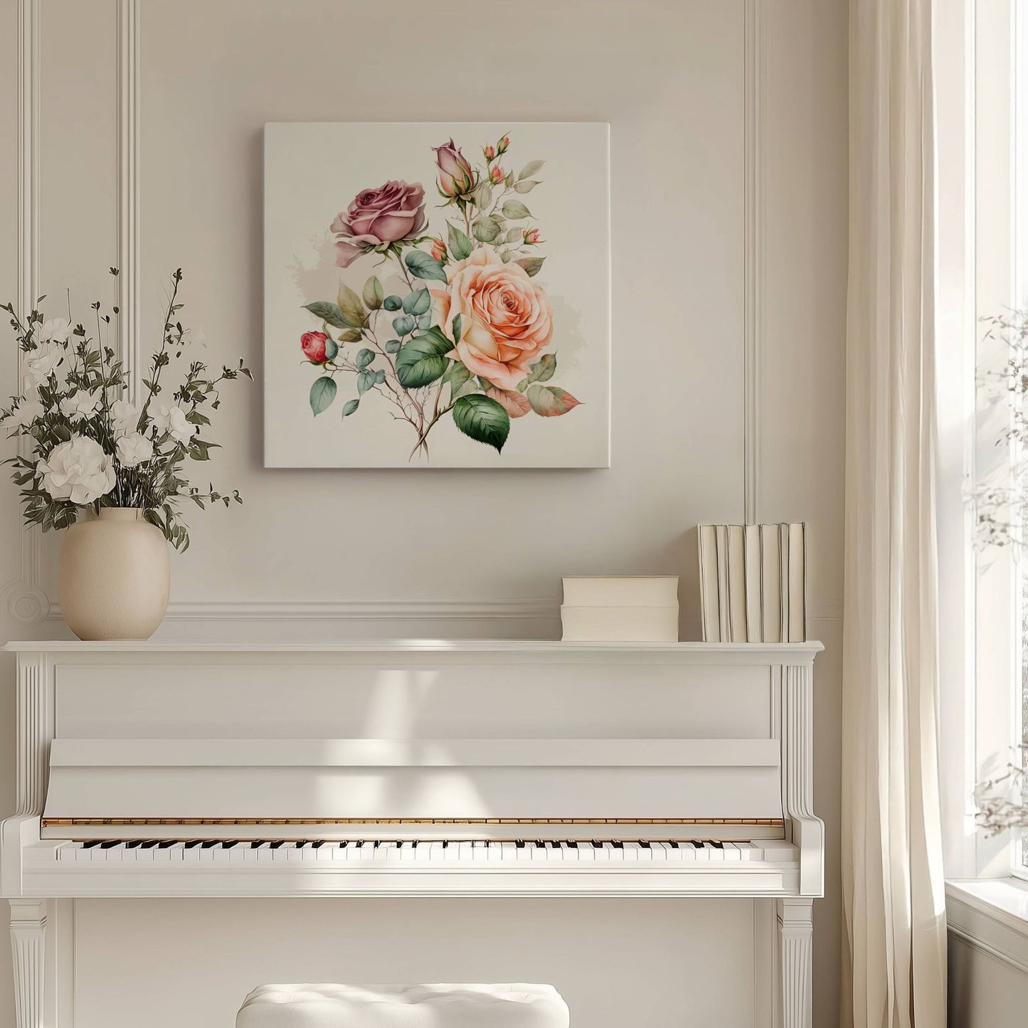 ROMANTIC ROSE No3 – akvarell lerret med lilla roser skiller seg ut med et sart og nostalgisk fargevalg i lavendel og dempede grønntoner.