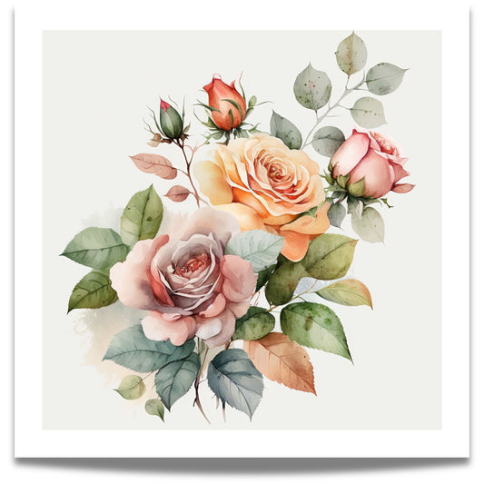 ROMANTIC ROSE No5 – akvarell plakat eller lerret med naturlig fargepalett kombinerer varme rosatoner med grønn, fersken og et hint av høstlig rødbrun.