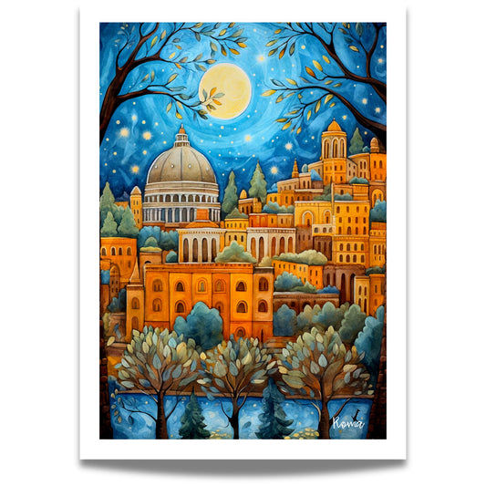 Denne plakaten viser Peterskirken og Romas silhuett i gylne toner, perfekt for elegante og klassiske hjem.