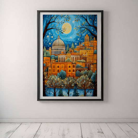 Denne plakaten viser Peterskirken og Romas silhuett i gylne toner, perfekt for elegante og klassiske hjem. Illustrasjon viser plakat med hvit kant i sort ramme.