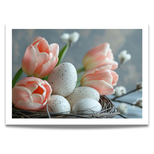 Gled deg over synet av rosa tulipaner og hvite påskeegg i denne sjarmerende grafiske illustrasjonen, som skaper en følelse av varme og lykke.