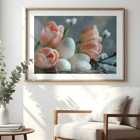 Gled deg over synet av rosa tulipaner og hvite påskeegg i denne sjarmerende grafiske illustrasjonen, som skaper en følelse av varme og lykke. Illustrasjonen viser plakat med passepartout i eik ramme.