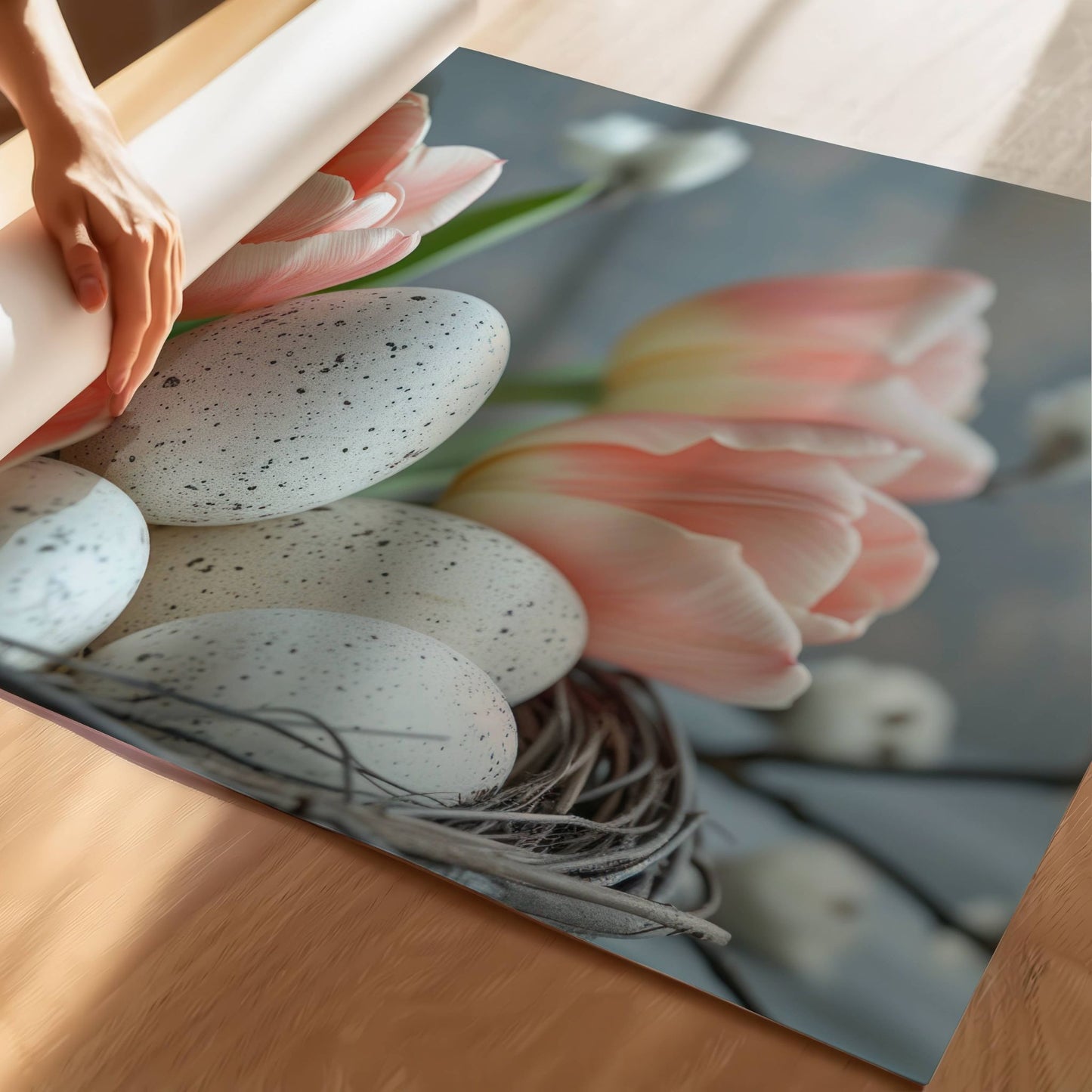 Gled deg over synet av rosa tulipaner og hvite påskeegg i denne sjarmerende grafiske illustrasjonen, som skaper en følelse av varme og lykke. Illustrasjonen viser plakat på print.