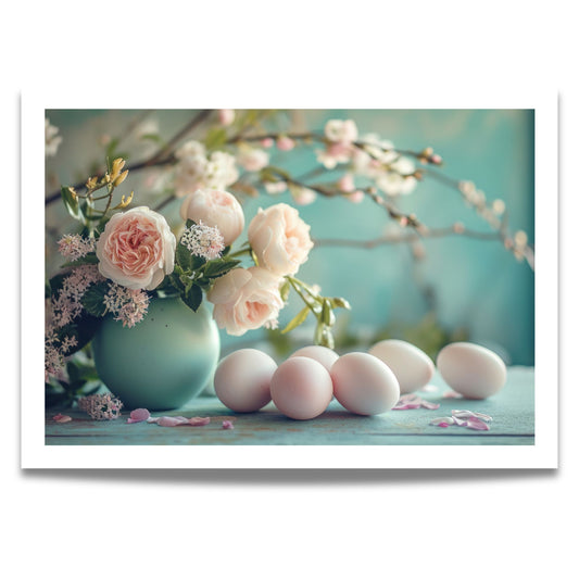 Gi hjemmet ditt et preg av vår og påske med denne nydelige plakaten, som viser en fortryllende scene av rosa og hvite roser i en turkis vase, flankert av hvite påskeegg.
