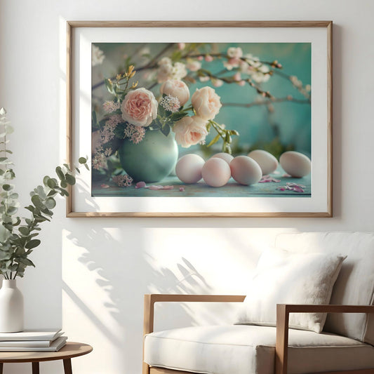 Gi hjemmet ditt et preg av vår og påske med denne nydelige plakaten, som viser en fortryllende scene av rosa og hvite roser i en turkis vase, flankert av hvite påskeegg.  Illustrasjon viser plakat med passepartout i eik ramme.
