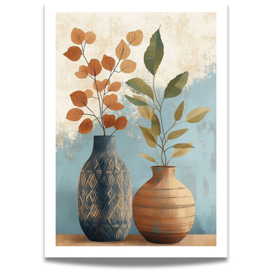 Rustic Harmony – en vakker kombinasjon av rustikke keramikkvaser og delikate botaniske elementer.