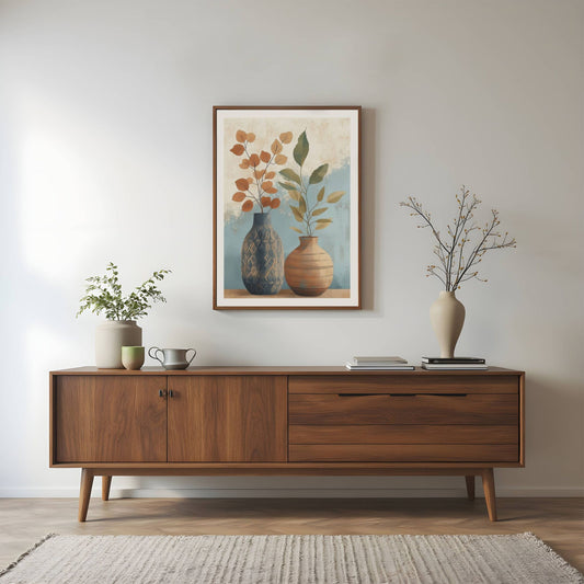 Rustic Harmony – en vakker kombinasjon av rustikke keramikkvaser og delikate botaniske elementer. Illustrasjon viser motivet som plakat i brun ramme.