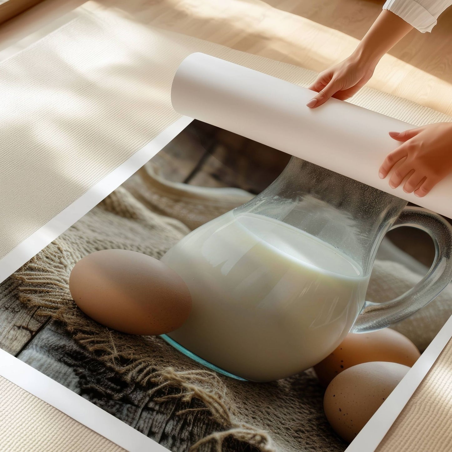 Rustikk Påskefrokost! Dette vakre motivet fanger den autentiske sjarmen av påskens tradisjonelle råvarer – ferske egg og en mugge med melk på et rustikt trebord. Illustrasjonen viser plakat med hvit kant på print.