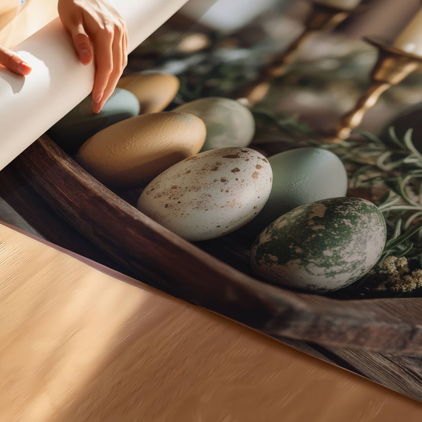 De delikate pastellfargede eggene hviler elegant på et håndlaget trefat, omgitt av duftende urter, gyldne lys og en nostalgisk keramikkvase – en perfekt kombinasjon av rustikk sjarm og sofistikert enkelhet. Illustrasjon viser motivet som plakat uten hvit kant på print.