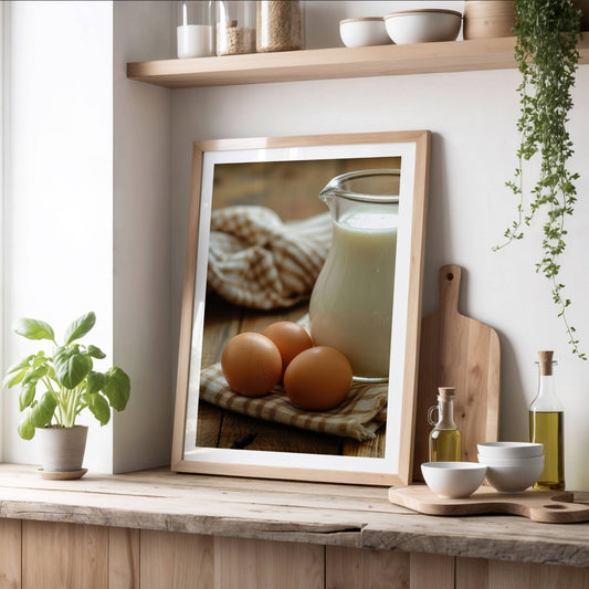 Dette vakre motivet, fanger essensen av tradisjonell påskefeiring med en idyllisk oppstilling av ferske egg og en glassmugge med melk på et rustikt trebord. Illustrasjonen viser plakat med hvit kant i eik ramme.