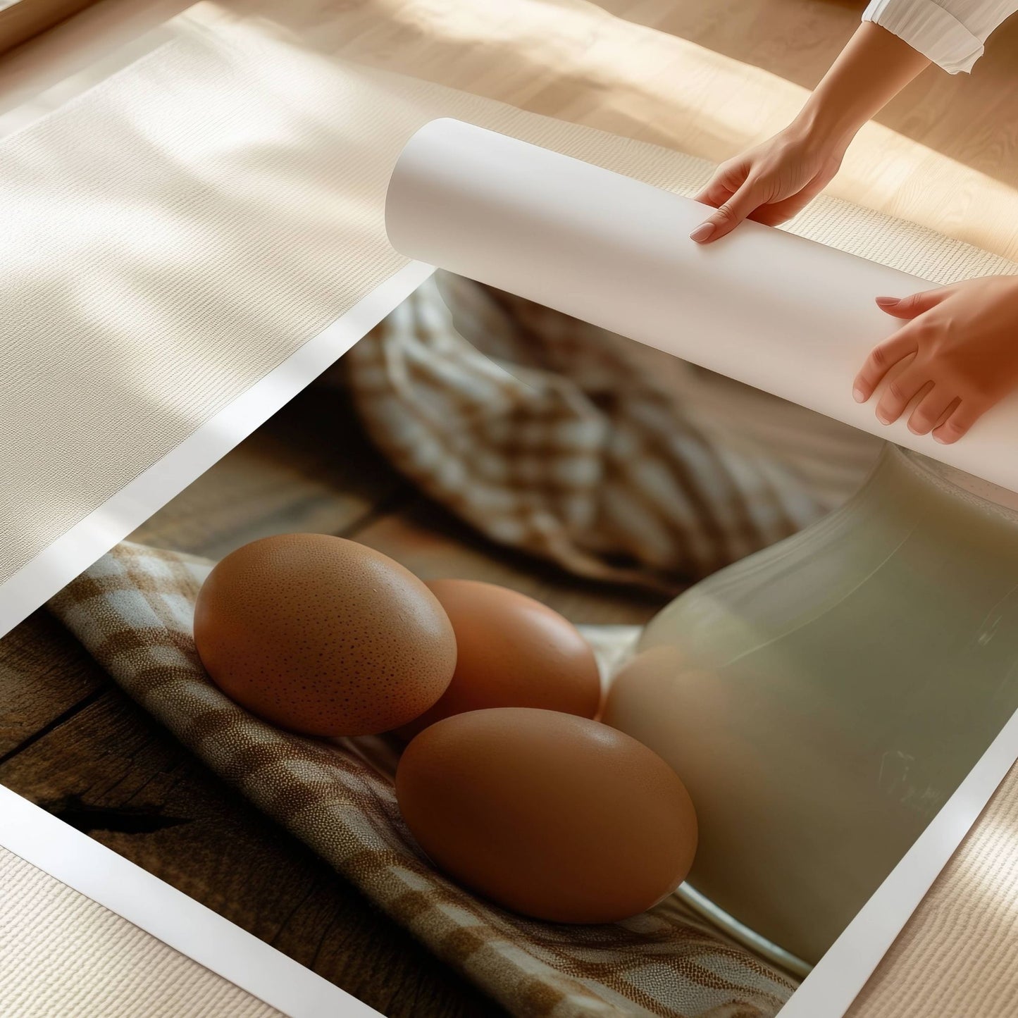 Dette vakre motivet, fanger essensen av tradisjonell påskefeiring med en idyllisk oppstilling av ferske egg og en glassmugge med melk på et rustikt trebord. Illustrasjonen viser plakat med hvit kant på print.