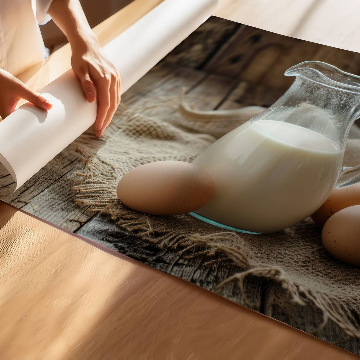 Dette vakre motivet, fanger essensen av tradisjonell påskefeiring med en idyllisk oppstilling av ferske egg og en glassmugge med melk på et rustikt trebord. Illustrasjonen viser plakat uten hvit kant på print.