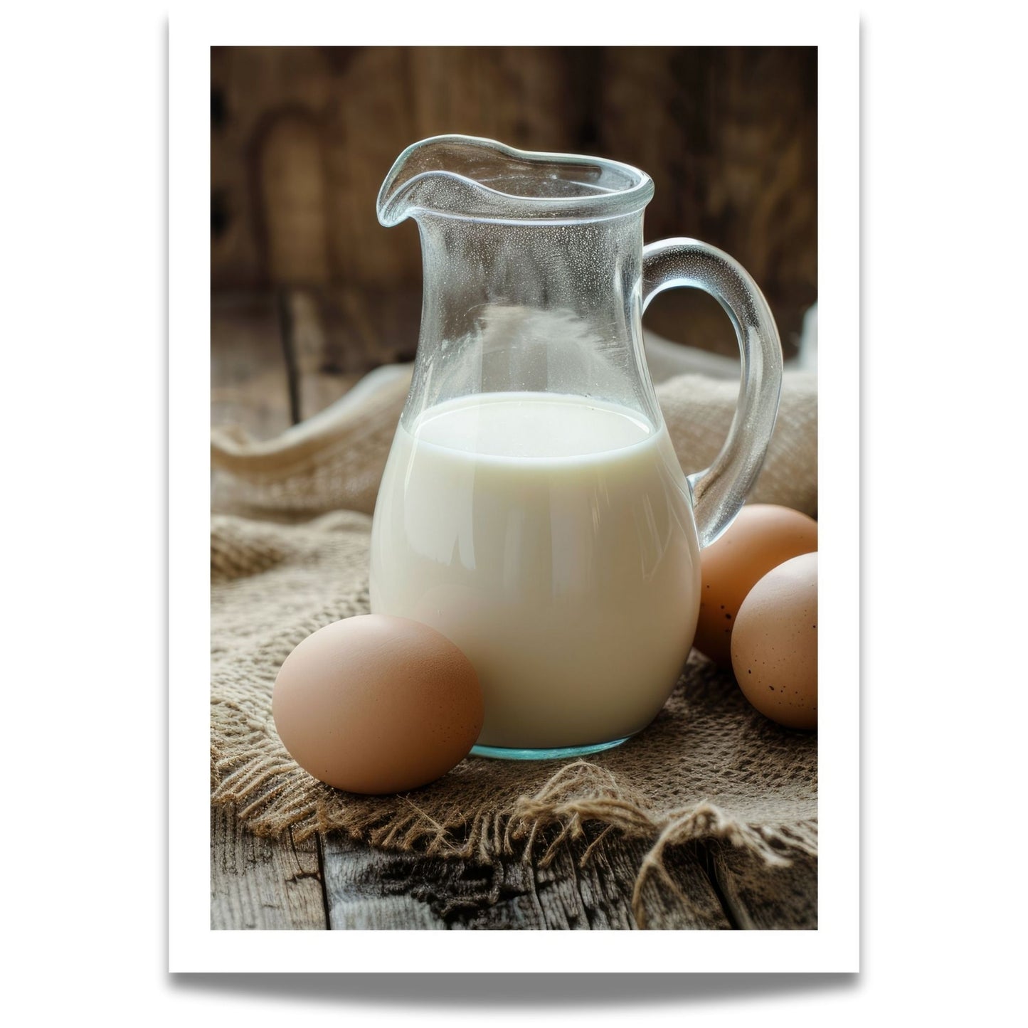 Rustikk Påskefrokost! Dette vakre motivet fanger den autentiske sjarmen av påskens tradisjonelle råvarer – ferske egg og en mugge med melk på et rustikt trebord.