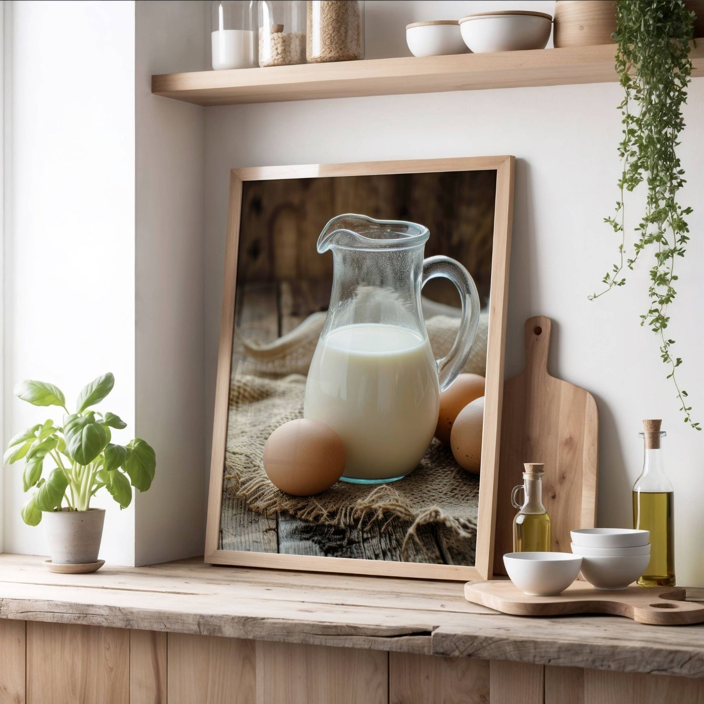 Rustikk Påskefrokost! Dette vakre motivet fanger den autentiske sjarmen av påskens tradisjonelle råvarer – ferske egg og en mugge med melk på et rustikt trebord. Illustrasjonen viser plakat uten hvit kant i eik ramme.