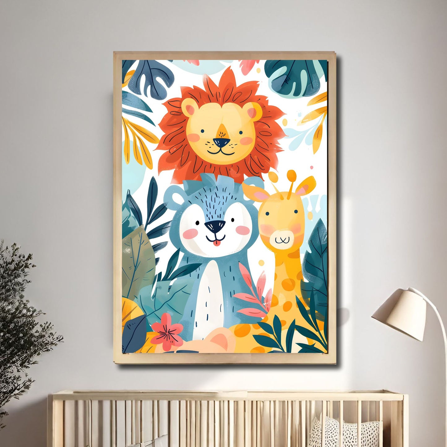 Denne sjarmerende illustrasjonen har en fargerik løve, en nysgjerrig bjørn, en vennlig sjiraff og andre safari-dyr, omgitt av frodig jungel. Illustrasjonsfoto viser motivet som plakat i lys ramme.